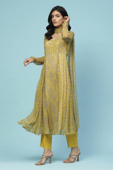 Ritu Kumar, Ri.Ritu Kumar, aarke Ritu Kumar Yellow Rayon, Chiffon Embroidery Sanvi Floral Jaal Print Gathered Kurta Set Online at Aza Fashions Ritu Kumar, Ri.Ritu Kumar, aarke Ritu Kumar_Yellow Rayon, Chiffon Embroidery Sanvi Floral Jaal Print Gathered Kurta Set_Online_at_Aza_Fashions
