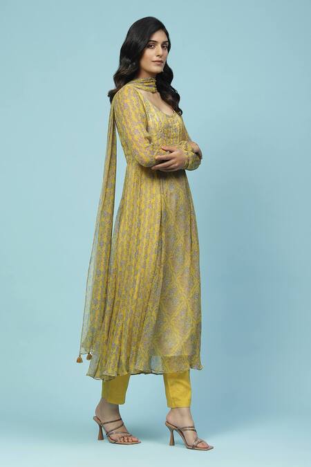 Buy Ritu Kumar, Ri.Ritu Kumar, aarke Ritu Kumar Yellow Rayon, Chiffon Embroidery Sanvi Floral Jaal Print Gathered Kurta Set Online at Aza Fashions Buy_Ritu Kumar, Ri.Ritu Kumar, aarke Ritu Kumar_Yellow Rayon, Chiffon Embroidery Sanvi Floral Jaal Print Gathered Kurta Set_Online_at_Aza_Fashions