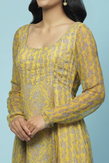 Shop Ritu Kumar, Ri.Ritu Kumar, aarke Ritu Kumar Yellow Rayon, Chiffon Embroidery Sanvi Floral Jaal Print Gathered Kurta Set Online at Aza Fashions Shop_Ritu Kumar, Ri.Ritu Kumar, aarke Ritu Kumar_Yellow Rayon, Chiffon Embroidery Sanvi Floral Jaal Print Gathered Kurta Set_Online_at_Aza_Fashions