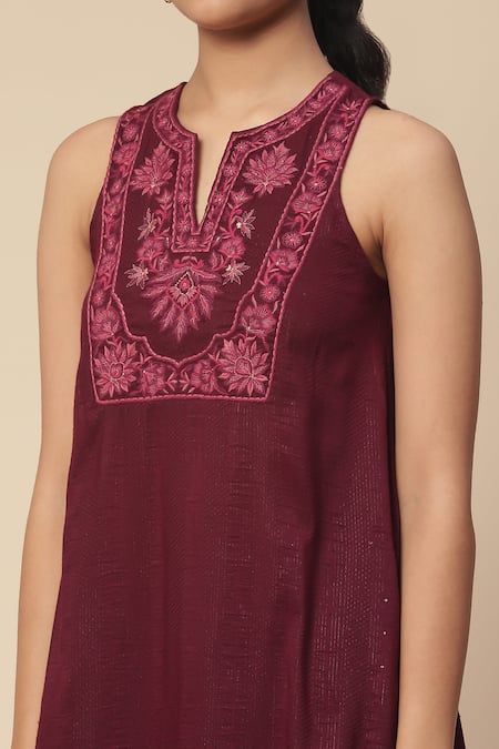 Buy Ritu Kumar, Ri.Ritu Kumar, aarke Ritu Kumar Wine Cotton, Rayon Embroidery, Tassels Split Audrey Yoke Kurta Palazzo Set Online at Aza Fashions Buy_Ritu Kumar, Ri.Ritu Kumar, aarke Ritu Kumar_Wine Cotton, Rayon Embroidery, Tassels Split Audrey Yoke Kurta Palazzo Set_Online_at_Aza_Fashions