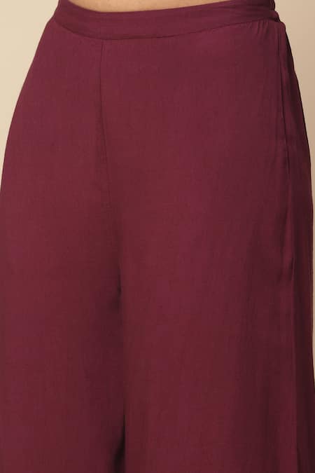 Shop Ritu Kumar, Ri.Ritu Kumar, aarke Ritu Kumar Wine Cotton, Rayon Embroidery, Tassels Split Audrey Yoke Kurta Palazzo Set Online at Aza Fashions Shop_Ritu Kumar, Ri.Ritu Kumar, aarke Ritu Kumar_Wine Cotton, Rayon Embroidery, Tassels Split Audrey Yoke Kurta Palazzo Set_Online_at_Aza_Fashions