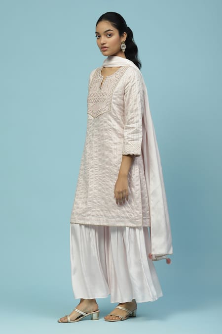 Ritu Kumar, Ri.Ritu Kumar, aarke Ritu Kumar_Pink Lurex, Rayon Embroidery Split V-neck Rubaiyat Pastel Kurta Sharara Set_Online_at_Aza_Fashions