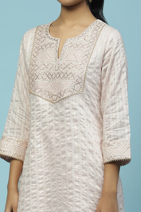 Buy_Ritu Kumar, Ri.Ritu Kumar, aarke Ritu Kumar_Pink Lurex, Rayon Embroidery Split V-neck Rubaiyat Pastel Kurta Sharara Set_Online_at_Aza_Fashions