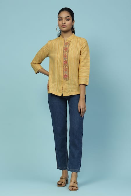 Aarke Ritu Kumar Yellow Yarn Dyed Placement Embroidery Floral Stand Shagufta Top 