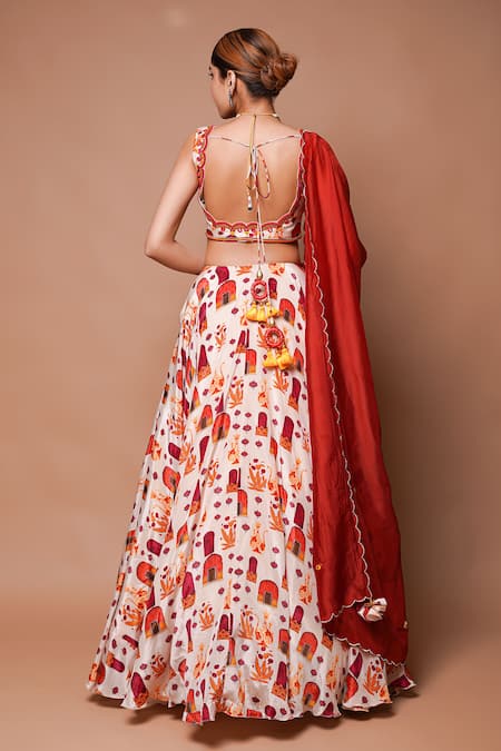 Shop_Ahi Clothing_Cream Crepe Sequins, Cut Work, Mirrors Bahar Jharoka Print Lehenga Set _at_Aza_Fashions