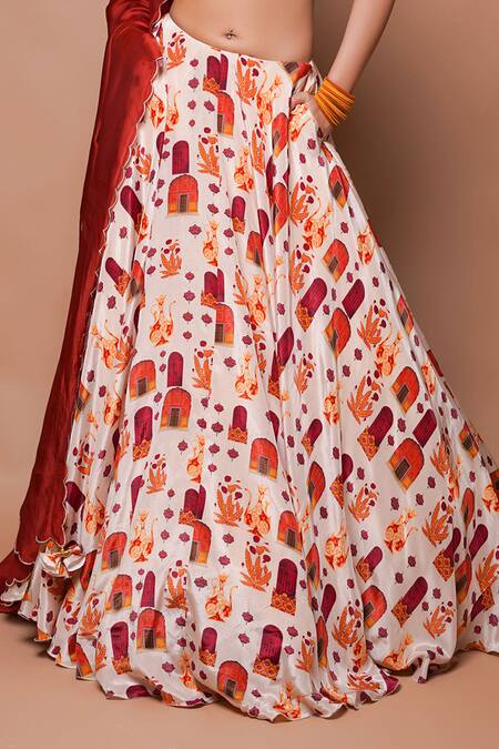 Ahi Clothing_Cream Crepe Sequins, Cut Work, Mirrors Bahar Jharoka Print Lehenga Set _Online_at_Aza_Fashions