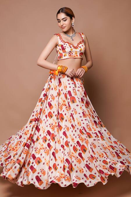 Shop_Ahi Clothing_Cream Crepe Sequins, Cut Work, Mirrors Bahar Jharoka Print Lehenga Set _Online_at_Aza_Fashions