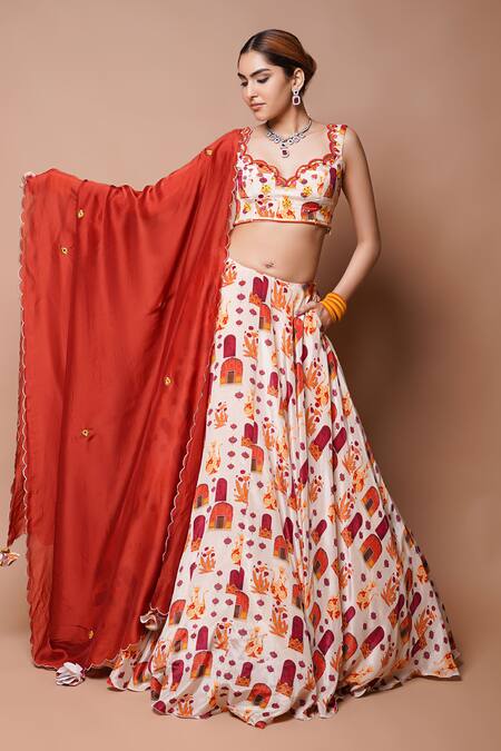 Buy_Ahi Clothing_Cream Crepe Sequins, Cut Work, Mirrors Bahar Jharoka Print Lehenga Set 