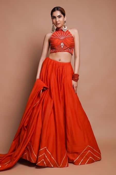Ahi Clothing Orange Chanderi Silk Embroidery Synodic Chevron Wave Embellished Lehenga Set