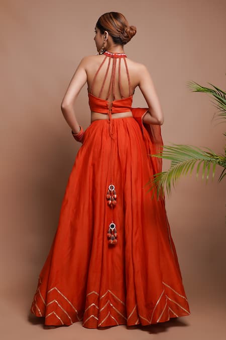 Shop Ahi Clothing Orange Chanderi Silk, Linen Synodic Chevron Wave Embellished Lehenga Set at Aza Fashions Shop_Ahi Clothing_Orange Chanderi Silk, Linen Synodic Chevron Wave Embellished Lehenga Set _at_Aza_Fashions