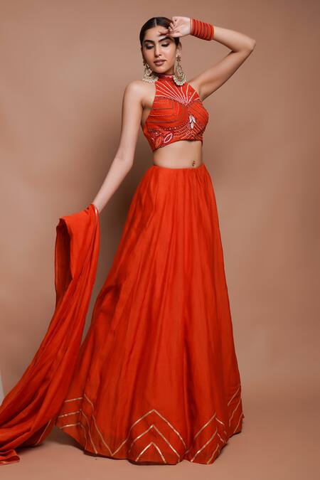 Buy Ahi Clothing Orange Chanderi Silk, Linen Synodic Chevron Wave Embellished Lehenga Set Online at Aza Fashions Buy_Ahi Clothing_Orange Chanderi Silk, Linen Synodic Chevron Wave Embellished Lehenga Set _Online_at_Aza_Fashions