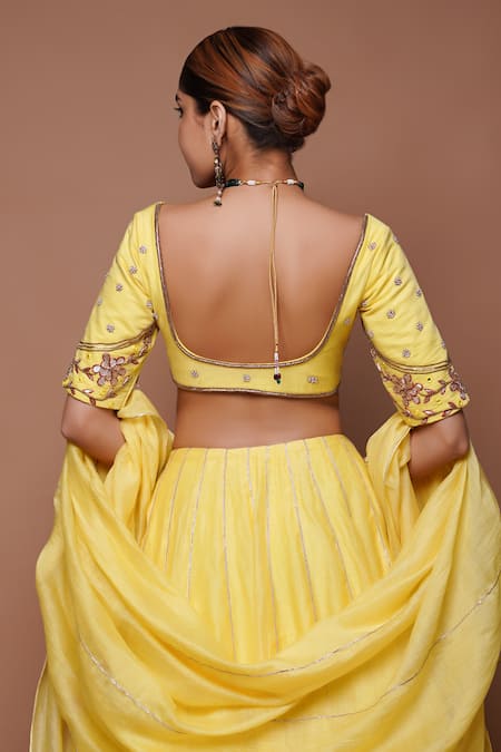Shop Ahi Clothing Yellow Chanderi Silk, Linen Zari, Gota Astral Ray Embellished Lehenga Set at Aza Fashions Shop_Ahi Clothing_Yellow Chanderi Silk, Linen Zari, Gota Astral Ray Embellished Lehenga Set _at_Aza_Fashions