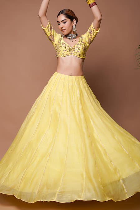 Buy Ahi Clothing Yellow Chanderi Silk, Linen Zari, Gota Astral Ray Embellished Lehenga Set Online at Aza Fashions Buy_Ahi Clothing_Yellow Chanderi Silk, Linen Zari, Gota Astral Ray Embellished Lehenga Set _Online_at_Aza_Fashions