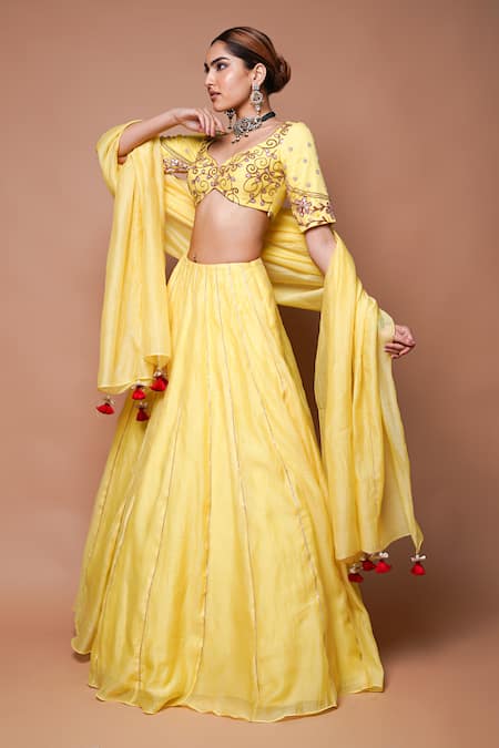 Shop Ahi Clothing Yellow Chanderi Silk, Linen Zari, Gota Astral Ray Embellished Lehenga Set Online at Aza Fashions Shop_Ahi Clothing_Yellow Chanderi Silk, Linen Zari, Gota Astral Ray Embellished Lehenga Set _Online_at_Aza_Fashions
