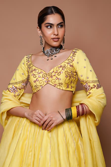 Ahi Clothing Yellow Chanderi Silk, Linen Zari, Gota Astral Ray Embellished Lehenga Set at Aza Fashions Ahi Clothing_Yellow Chanderi Silk, Linen Zari, Gota Astral Ray Embellished Lehenga Set _at_Aza_Fashions