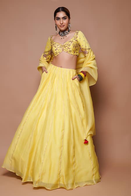 Buy Ahi Clothing Yellow Chanderi Silk, Linen Zari, Gota Astral Ray Embellished Lehenga Set Buy_Ahi Clothing_Yellow Chanderi Silk, Linen Zari, Gota Astral Ray Embellished Lehenga Set
