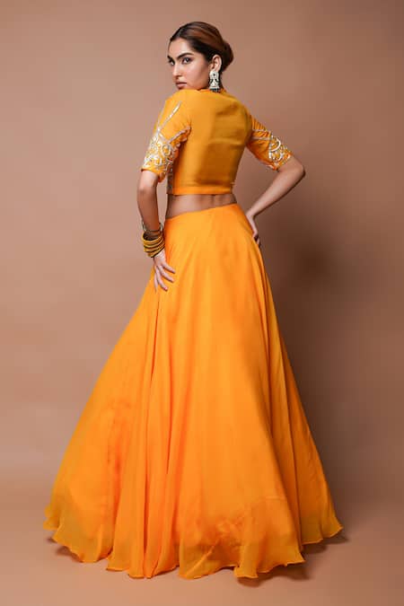 Shop Ahi Clothing Yellow Organza, Chiffon, Silk Mirrors, Mango Embroidered Blouse And Lehenga Set at Aza Fashions Shop_Ahi Clothing_Yellow Organza, Chiffon, Silk Mirrors, Mango Embroidered Blouse And Lehenga Set _at_Aza_Fashions