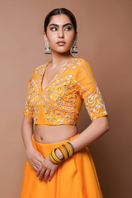 Shop Ahi Clothing Yellow Organza, Chiffon, Silk Mirrors, Mango Embroidered Blouse And Lehenga Set Online at Aza Fashions Shop_Ahi Clothing_Yellow Organza, Chiffon, Silk Mirrors, Mango Embroidered Blouse And Lehenga Set _Online_at_Aza_Fashions