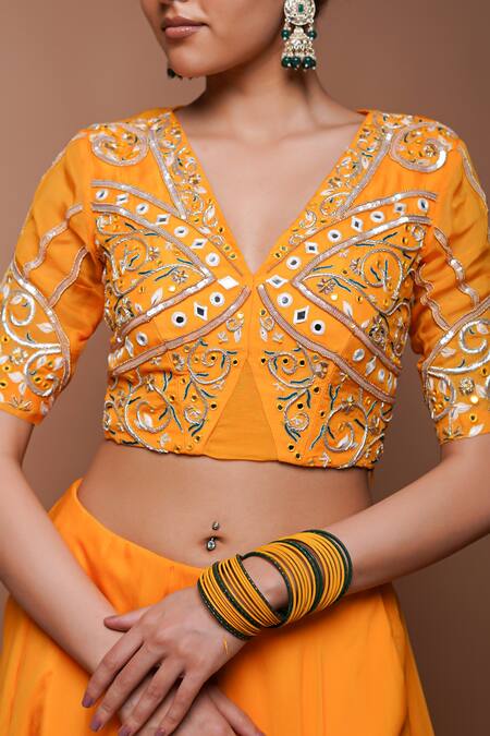 Ahi Clothing Yellow Organza, Chiffon, Silk Mirrors, Mango Embroidered Blouse And Lehenga Set at Aza Fashions Ahi Clothing_Yellow Organza, Chiffon, Silk Mirrors, Mango Embroidered Blouse And Lehenga Set _at_Aza_Fashions