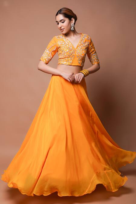 Buy Ahi Clothing Yellow Organza, Chiffon, Silk Mirrors, Mango Embroidered Blouse And Lehenga Set Buy_Ahi Clothing_Yellow Organza, Chiffon, Silk Mirrors, Mango Embroidered Blouse And Lehenga Set