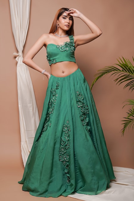 Ahi Clothing Green Heavy Organza Embroidery 3d Bloom Corsage Embellished Lehenga With Blouse