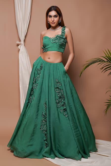 Buy Ahi Clothing Green Organza, Silk Embroidery 3d Bloom Corsage Embellished Lehenga With Blouse Online at Aza Fashions Buy_Ahi Clothing_Green Organza, Silk Embroidery 3d Bloom Corsage Embellished Lehenga With Blouse _Online_at_Aza_Fashions