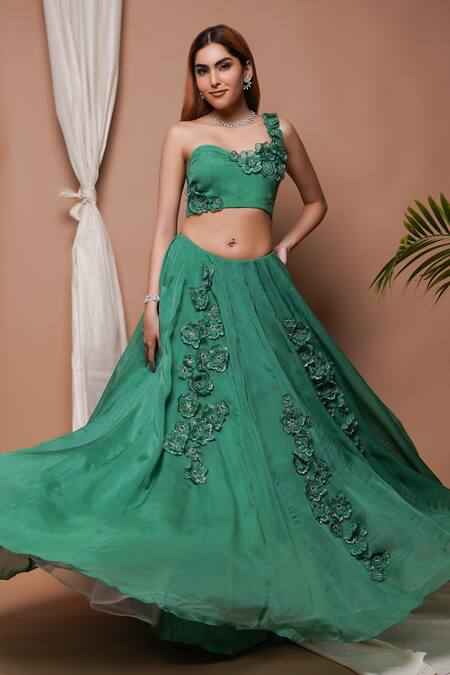 Shop Ahi Clothing Green Organza, Silk Embroidery 3d Bloom Corsage Embellished Lehenga With Blouse Online at Aza Fashions Shop_Ahi Clothing_Green Organza, Silk Embroidery 3d Bloom Corsage Embellished Lehenga With Blouse _Online_at_Aza_Fashions