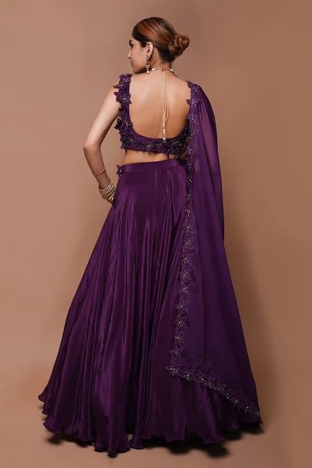 Shop Ahi Clothing Wine Crepe, Hemp, Organza Cut Work, 3d Lily Bloom Embellished Lehenga Set at Aza Fashions Shop_Ahi Clothing_Wine Crepe, Hemp, Organza Cut Work, 3d Lily Bloom Embellished Lehenga Set _at_Aza_Fashions