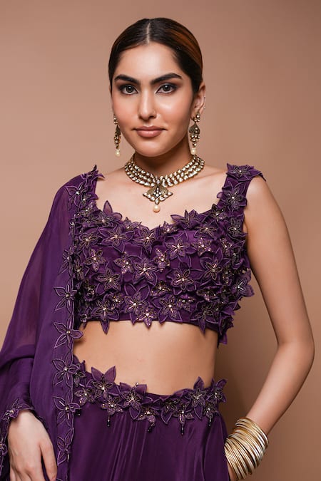 Ahi Clothing Wine Crepe, Hemp, Organza Cut Work, 3d Lily Bloom Embellished Lehenga Set Online at Aza Fashions Ahi Clothing_Wine Crepe, Hemp, Organza Cut Work, 3d Lily Bloom Embellished Lehenga Set _Online_at_Aza_Fashions