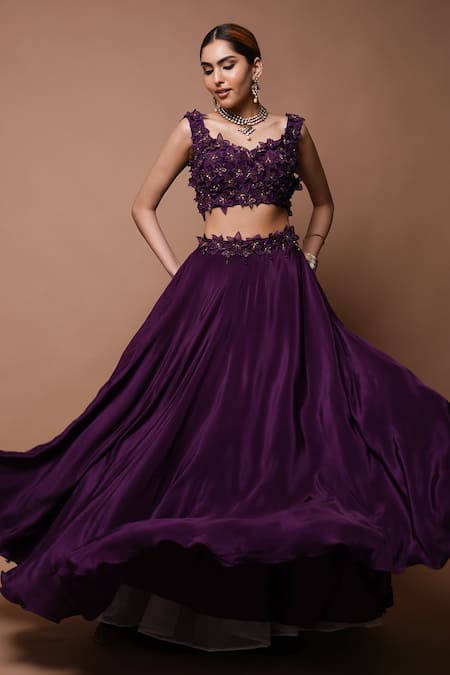 Buy Ahi Clothing Wine Crepe, Hemp, Organza Cut Work, 3d Lily Bloom Embellished Lehenga Set Online at Aza Fashions Buy_Ahi Clothing_Wine Crepe, Hemp, Organza Cut Work, 3d Lily Bloom Embellished Lehenga Set _Online_at_Aza_Fashions