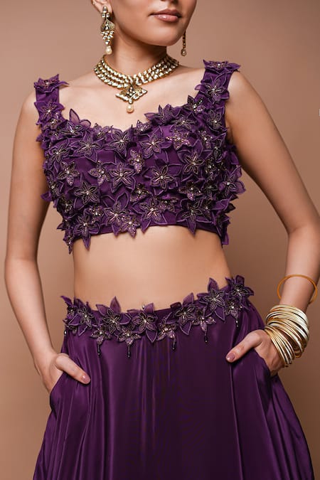 Shop Ahi Clothing Wine Crepe, Hemp, Organza Cut Work, 3d Lily Bloom Embellished Lehenga Set Online at Aza Fashions Shop_Ahi Clothing_Wine Crepe, Hemp, Organza Cut Work, 3d Lily Bloom Embellished Lehenga Set _Online_at_Aza_Fashions