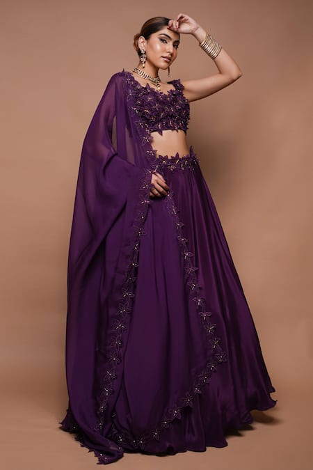 Ahi Clothing Wine Crepe, Hemp, Organza Cut Work, 3d Lily Bloom Embellished Lehenga Set at Aza Fashions Ahi Clothing_Wine Crepe, Hemp, Organza Cut Work, 3d Lily Bloom Embellished Lehenga Set _at_Aza_Fashions