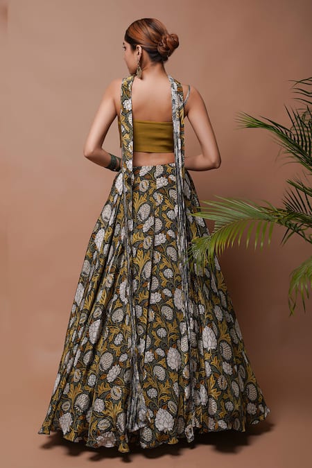 Shop_Ahi Clothing_Yellow Crepe, Chanderi, Cotton Cut Work, Forest Bloom Print Lehenga Set _at_Aza_Fashions