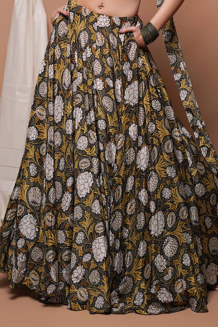 Ahi Clothing_Yellow Crepe, Chanderi, Cotton Cut Work, Forest Bloom Print Lehenga Set _Online_at_Aza_Fashions
