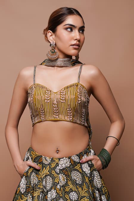 Buy_Ahi Clothing_Yellow Crepe, Chanderi, Cotton Cut Work, Forest Bloom Print Lehenga Set _Online_at_Aza_Fashions