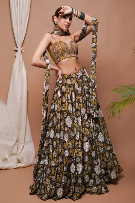 Ahi Clothing_Yellow Crepe, Chanderi, Cotton Cut Work, Forest Bloom Print Lehenga Set _at_Aza_Fashions