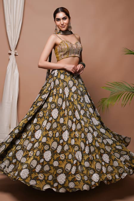 Buy_Ahi Clothing_Yellow Crepe, Chanderi, Cotton Cut Work, Forest Bloom Print Lehenga Set 