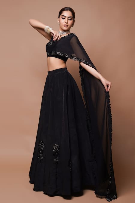 Shop Ahi Clothing Black Organza, Crepe, Linen Musk Bloom Cutwork Embellished Lehenga With Blouse Online at Aza Fashions Shop_Ahi Clothing_Black Organza, Crepe, Linen Musk Bloom Cutwork Embellished Lehenga With Blouse _Online_at_Aza_Fashions