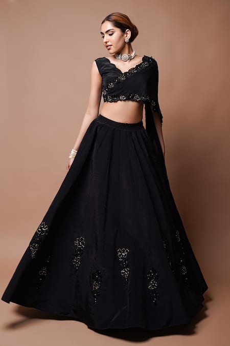 Buy Ahi Clothing Black Organza, Crepe, Linen Musk Bloom Cutwork Embellished Lehenga With Blouse Buy_Ahi Clothing_Black Organza, Crepe, Linen Musk Bloom Cutwork Embellished Lehenga With Blouse