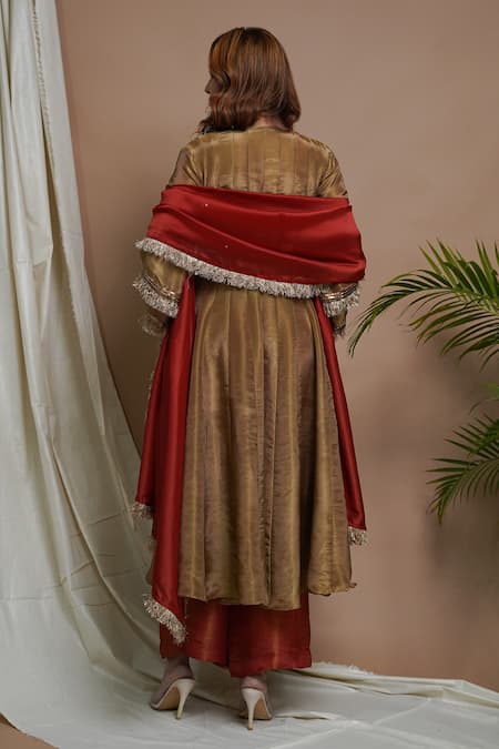 Shop Ahi Clothing Gold Tissue, Silk, Linen Cut Peacock Motif Embroidered Anarkali Palazzo Set at Aza Fashions Shop_Ahi Clothing_Gold Tissue, Silk, Linen Cut Peacock Motif Embroidered Anarkali Palazzo Set _at_Aza_Fashions