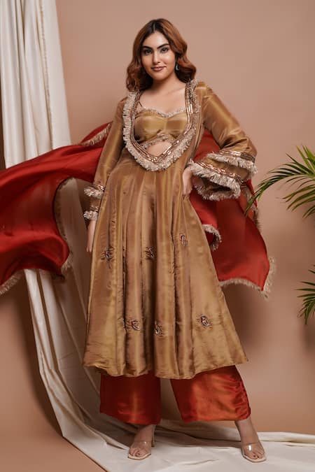 Ahi Clothing Gold Tissue, Silk, Linen Cut Peacock Motif Embroidered Anarkali Palazzo Set Online at Aza Fashions Ahi Clothing_Gold Tissue, Silk, Linen Cut Peacock Motif Embroidered Anarkali Palazzo Set _Online_at_Aza_Fashions