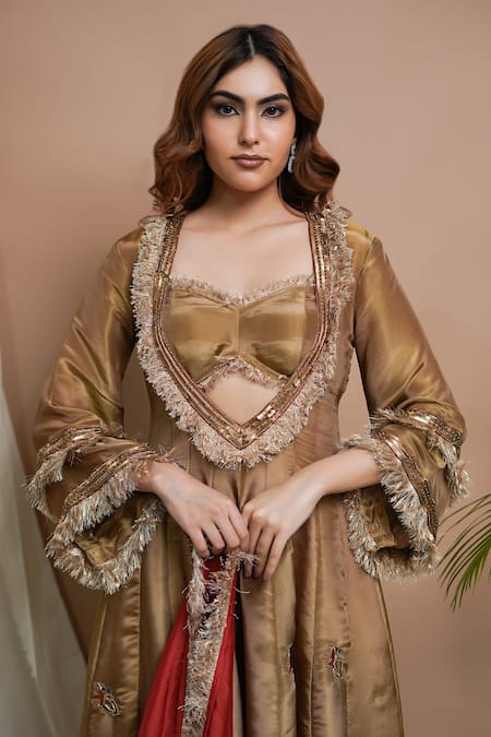Shop Ahi Clothing Gold Tissue, Silk, Linen Cut Peacock Motif Embroidered Anarkali Palazzo Set Online at Aza Fashions Shop_Ahi Clothing_Gold Tissue, Silk, Linen Cut Peacock Motif Embroidered Anarkali Palazzo Set _Online_at_Aza_Fashions
