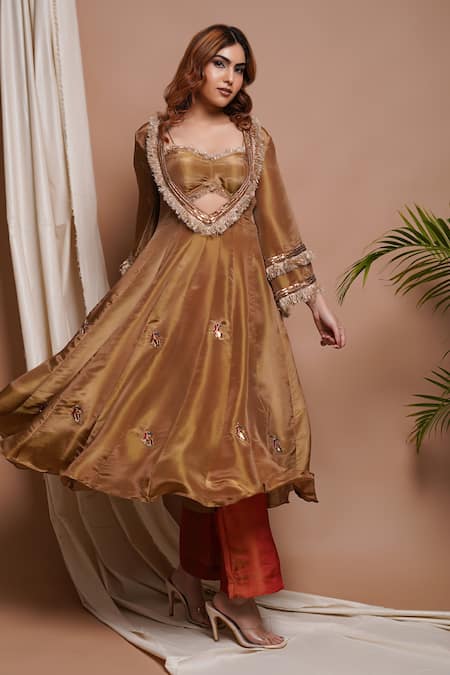 Ahi Clothing Gold Tissue, Silk, Linen Cut Peacock Motif Embroidered Anarkali Palazzo Set at Aza Fashions Ahi Clothing_Gold Tissue, Silk, Linen Cut Peacock Motif Embroidered Anarkali Palazzo Set _at_Aza_Fashions