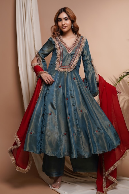 Ahi Clothing Blue Tissue Silk Embroidery Zardozi V Neck Floret Motif Anarkali Palazzo Set