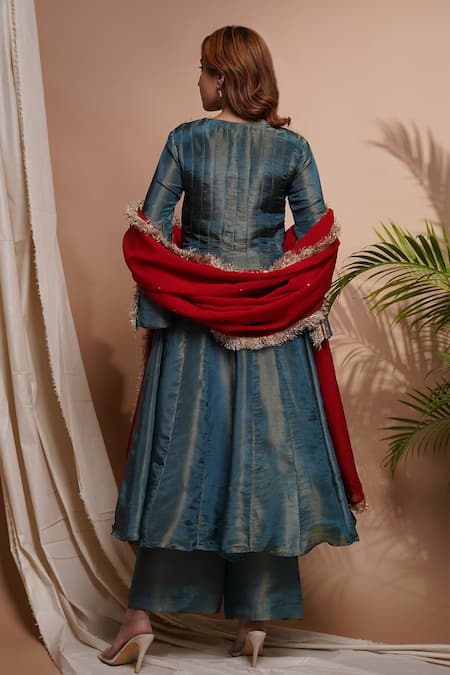 Shop Ahi Clothing Blue Tissue, Silk Metallic Thread, Floret Motif Embroidered Anarkali Palazzo Set at Aza Fashions Shop_Ahi Clothing_Blue Tissue, Silk Metallic Thread, Floret Motif Embroidered Anarkali Palazzo Set _at_Aza_Fashions
