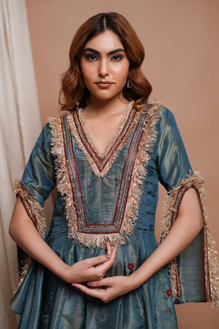 Ahi Clothing Blue Tissue, Silk Metallic Thread, Floret Motif Embroidered Anarkali Palazzo Set Online at Aza Fashions Ahi Clothing_Blue Tissue, Silk Metallic Thread, Floret Motif Embroidered Anarkali Palazzo Set _Online_at_Aza_Fashions