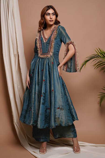 Buy Ahi Clothing Blue Tissue, Silk Metallic Thread, Floret Motif Embroidered Anarkali Palazzo Set Online at Aza Fashions Buy_Ahi Clothing_Blue Tissue, Silk Metallic Thread, Floret Motif Embroidered Anarkali Palazzo Set _Online_at_Aza_Fashions