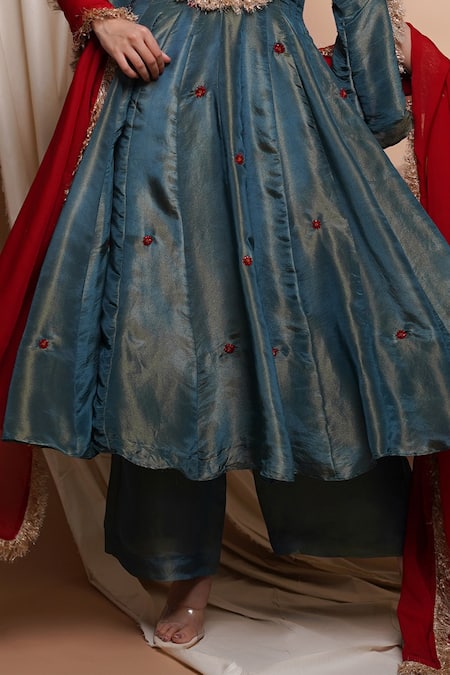 Shop Ahi Clothing Blue Tissue, Silk Metallic Thread, Floret Motif Embroidered Anarkali Palazzo Set Online at Aza Fashions Shop_Ahi Clothing_Blue Tissue, Silk Metallic Thread, Floret Motif Embroidered Anarkali Palazzo Set _Online_at_Aza_Fashions