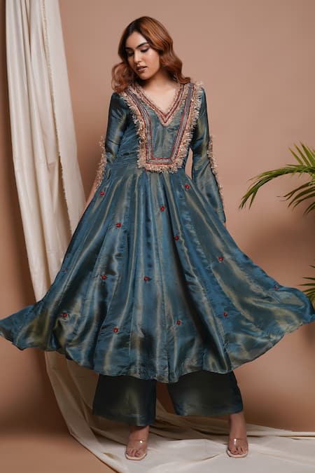 Ahi Clothing Blue Tissue, Silk Metallic Thread, Floret Motif Embroidered Anarkali Palazzo Set at Aza Fashions Ahi Clothing_Blue Tissue, Silk Metallic Thread, Floret Motif Embroidered Anarkali Palazzo Set _at_Aza_Fashions