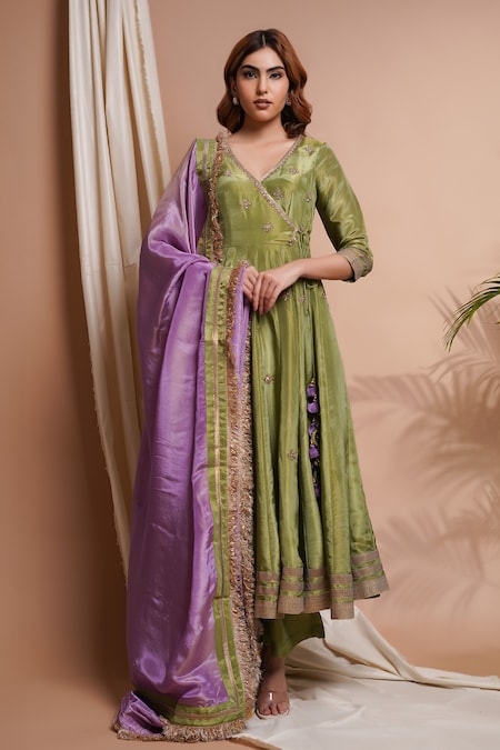 Ahi Clothing Green Tissue Silk Embroidery Moti V Neck Floral Butti Angarkha Anarkali Set